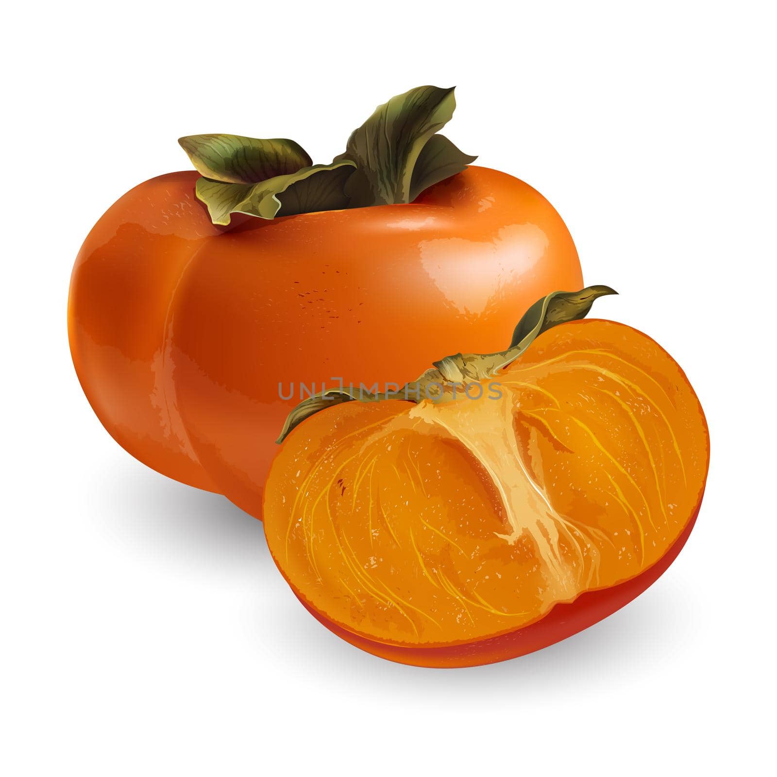 Whole and half persimmon on a white background. by ConceptCafe