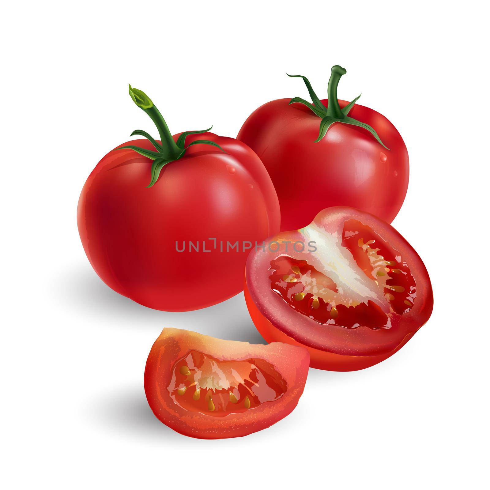 Whole and sliced red tomatoes on a white background. by ConceptCafe