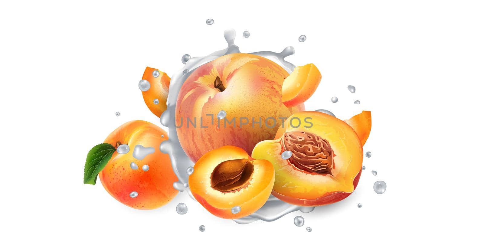 Fresh apricots and peaches in milk splashes on a white background. Realistic style illustration.