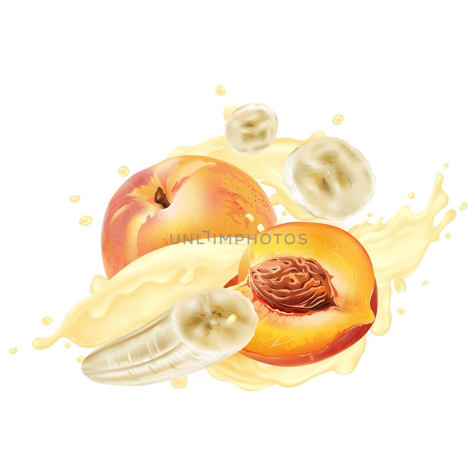 Bananas and peaches in yogurt or milkshake splashes on a white background. Realistic style illustration.