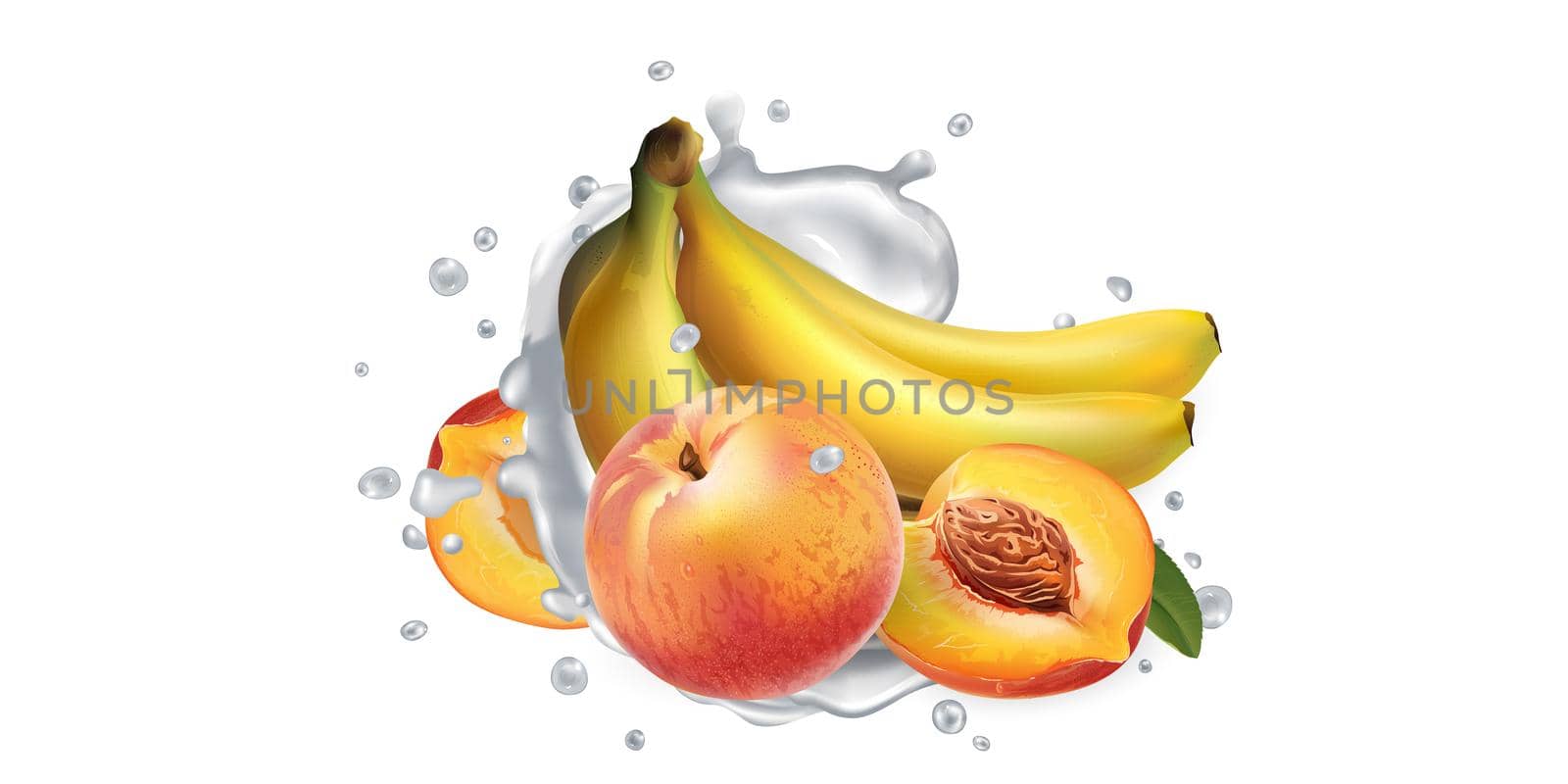 Bananas and peaches and a splash of yogurt or milk on a white background. Realistic style illustration.