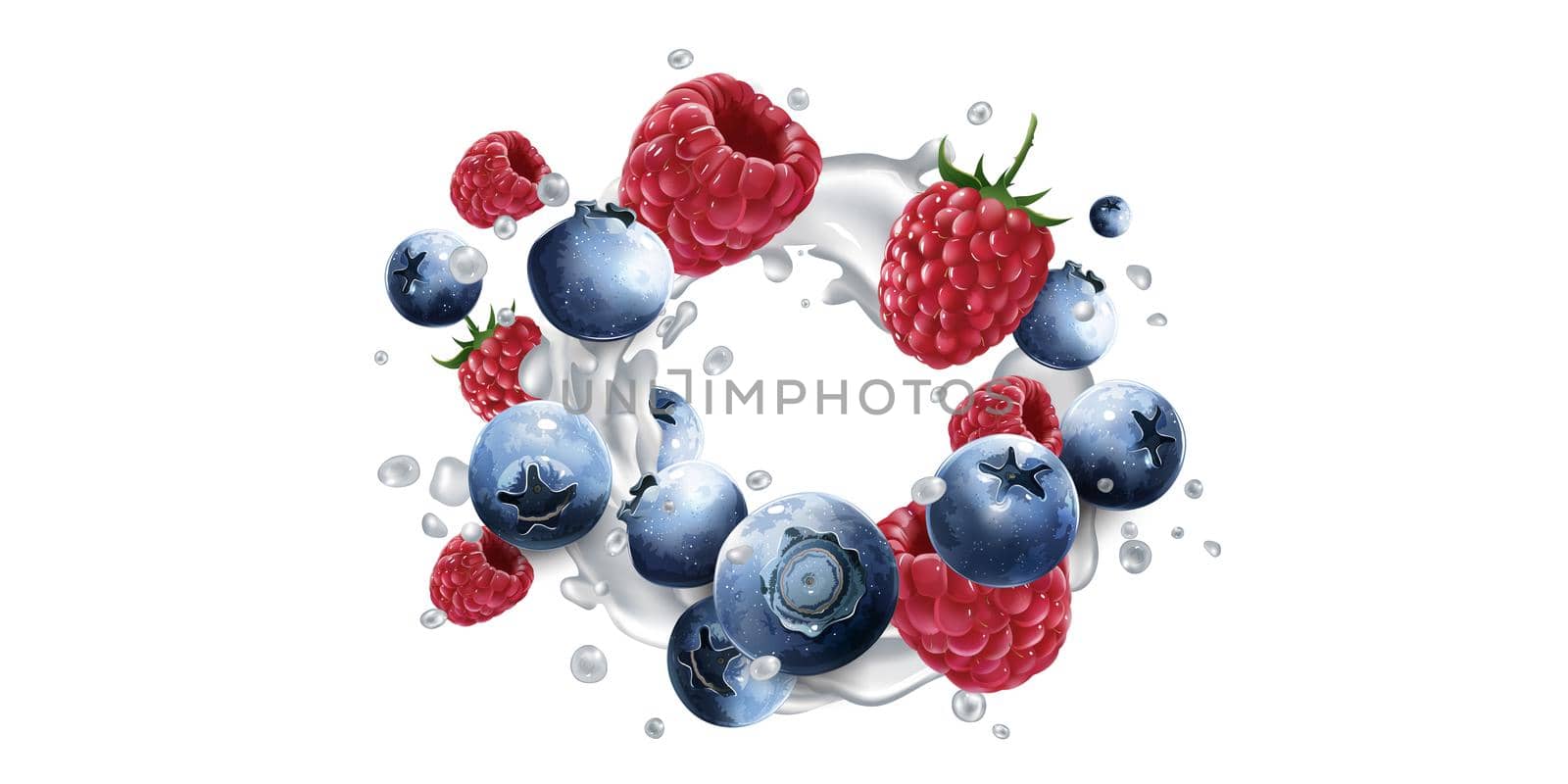 Blueberries and raspberries in splashes of yogurt or milk. by ConceptCafe