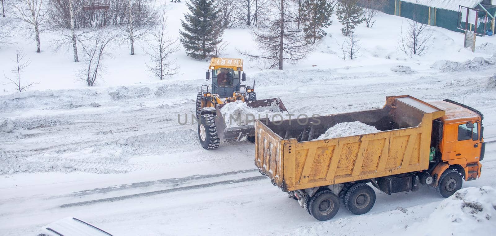 Big yellow tractor cleans up snow from the road and loads it into the truck. Cleaning and cleaning of roads in the city from snow in winter