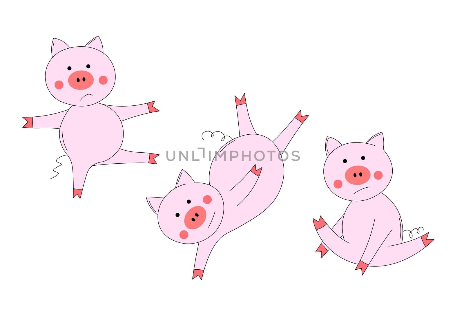 Animals set with pink cute pig. The piglet does exercises, goes in for sports. for kids. Outline vector illustration. Isolated cartoon adorable character. Template icons.