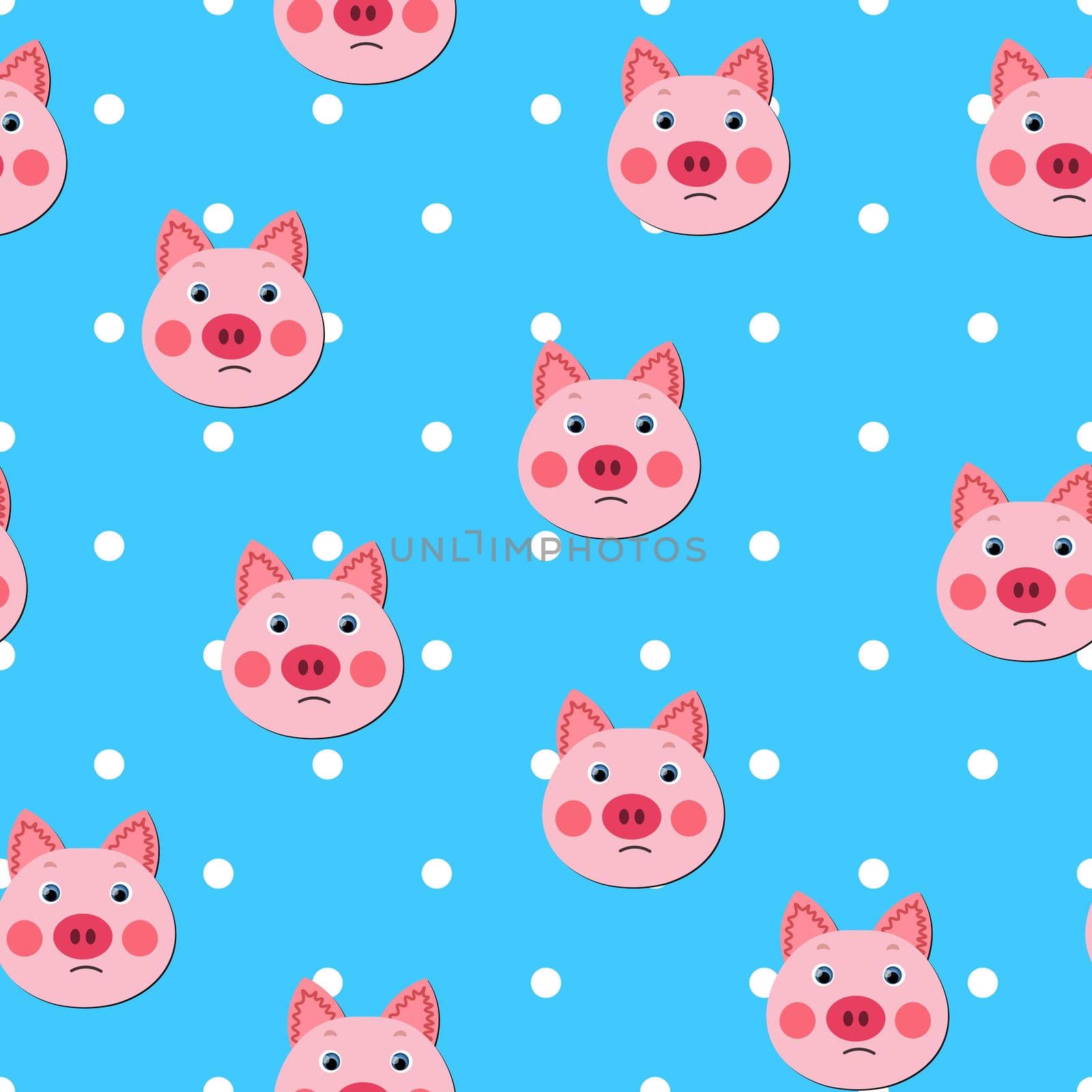 Vector flat animals colorful illustration for kids. Seamless pattern with cute pig face on color polka dots background. Adorable cartoon character. Design for textures, card, poster, fabric, textile.