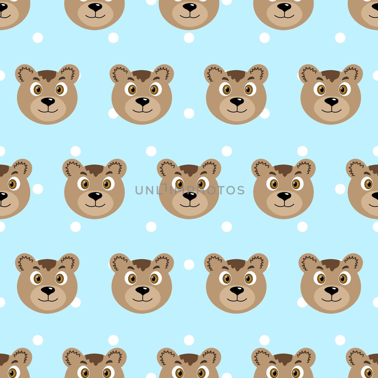 Vector flat animals colorful illustration for kids. Seamless pattern with cute bear face on blue polka dots background. Adorable cartoon character. Design for card, poster, fabric, textile. by allaku