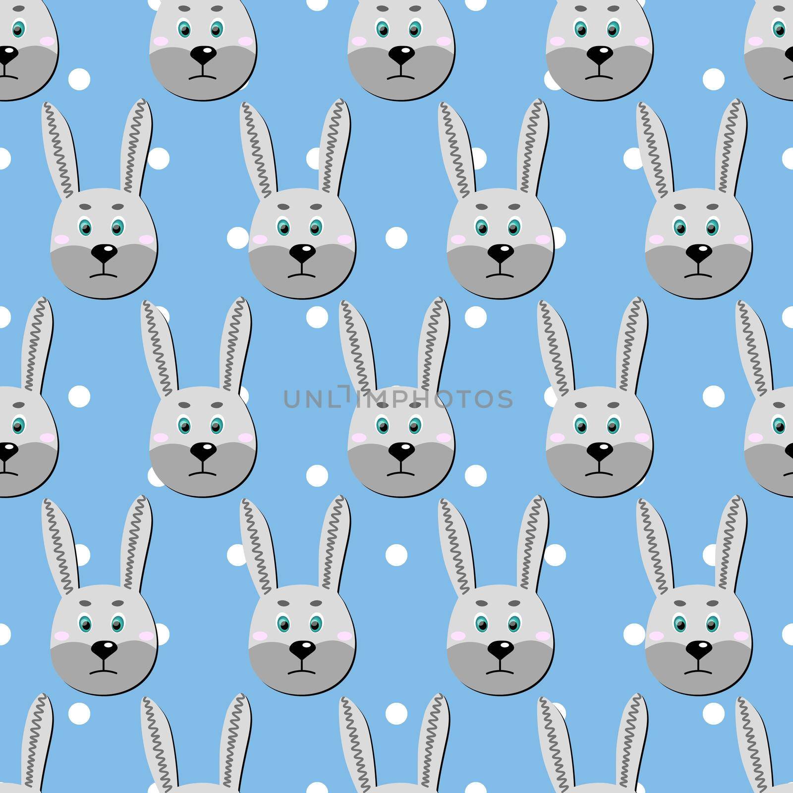 Vector flat animals colorful illustration for kids. Seamless pattern with cute hare face on blue polka dots background. Adorable cartoon character. Design for card, poster, fabric, textile. Rabbit.