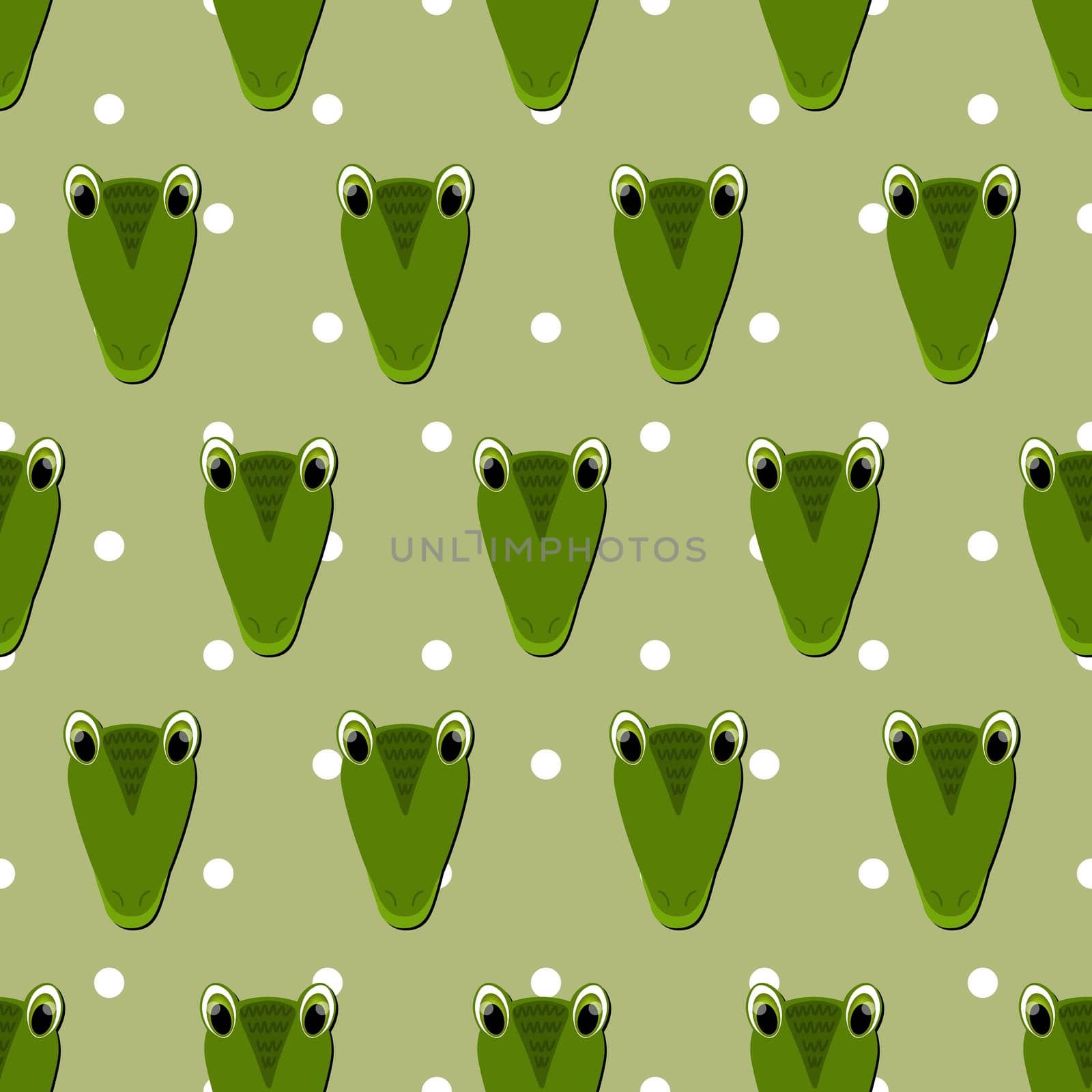 Vector flat animals colorful illustration for kids. Seamless pattern with cute crocodile face on green polka dots background. Adorable cartoon character. Design for card, poster, fabric, textile. by allaku