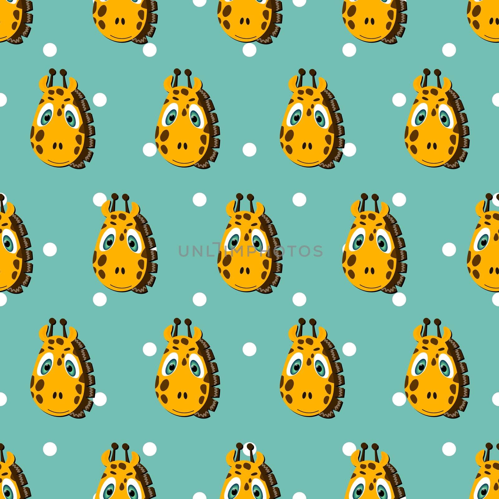 Vector flat animals colorful illustration for kids. Seamless pattern with cute giraffe face on blue polka dots background. Adorable cartoon character. Design for card, poster, fabric, textile.