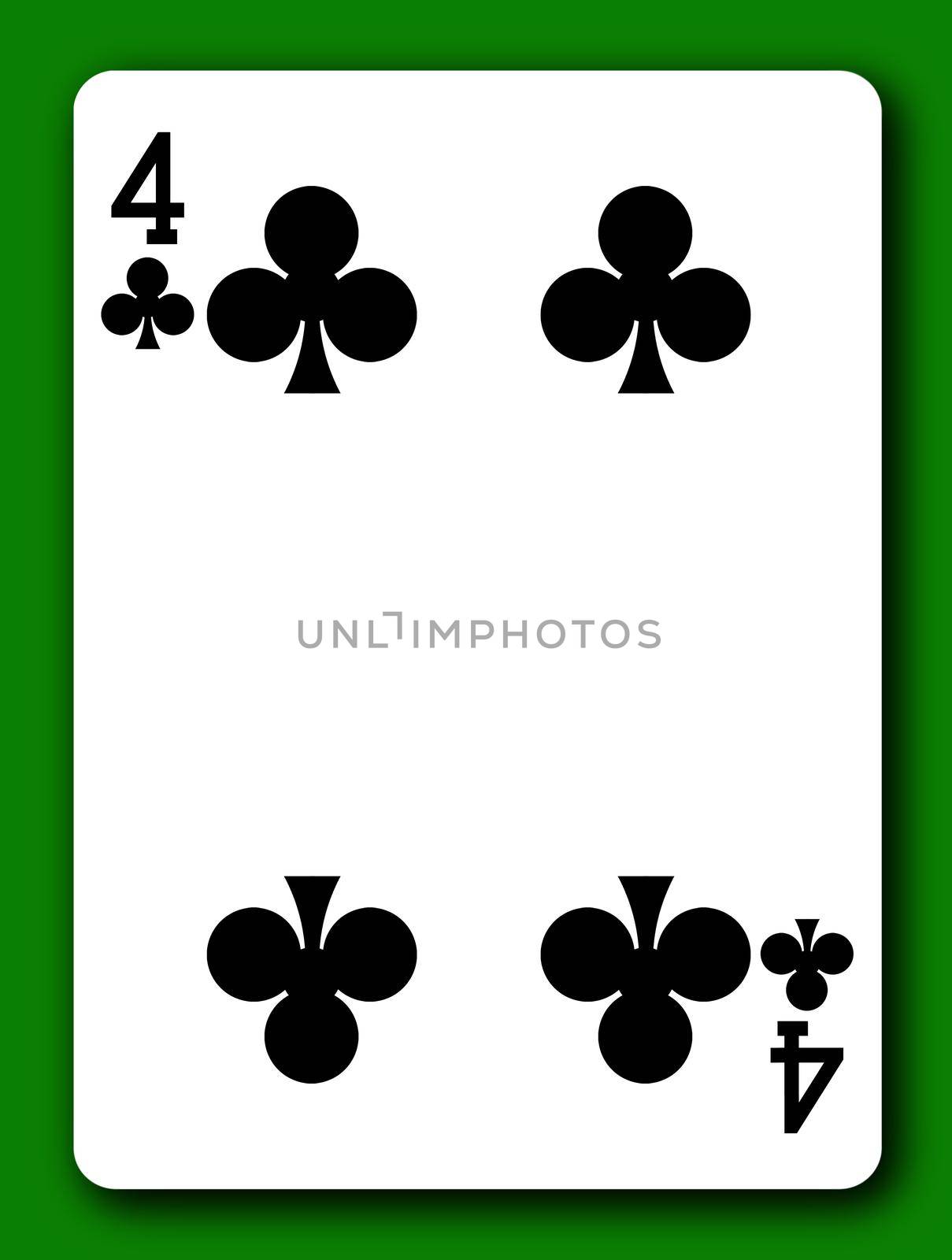 A 4 Four of Clubs playing card with clipping path to remove background and shadow 3d illustration