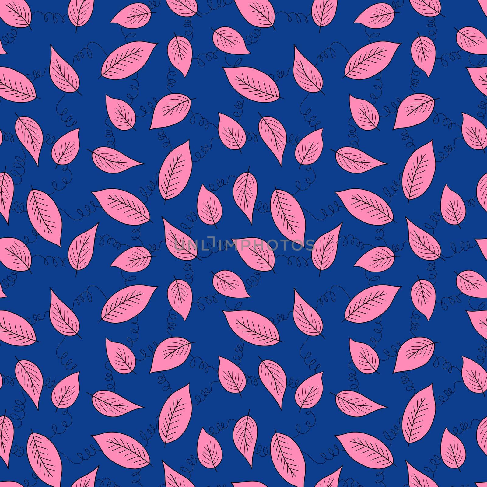 Floral seamless pattern with pink exotic leaves on blue background. Tropic branches. Fashion vector stock illustration for wallpaper, posters, card, fabric, textile.