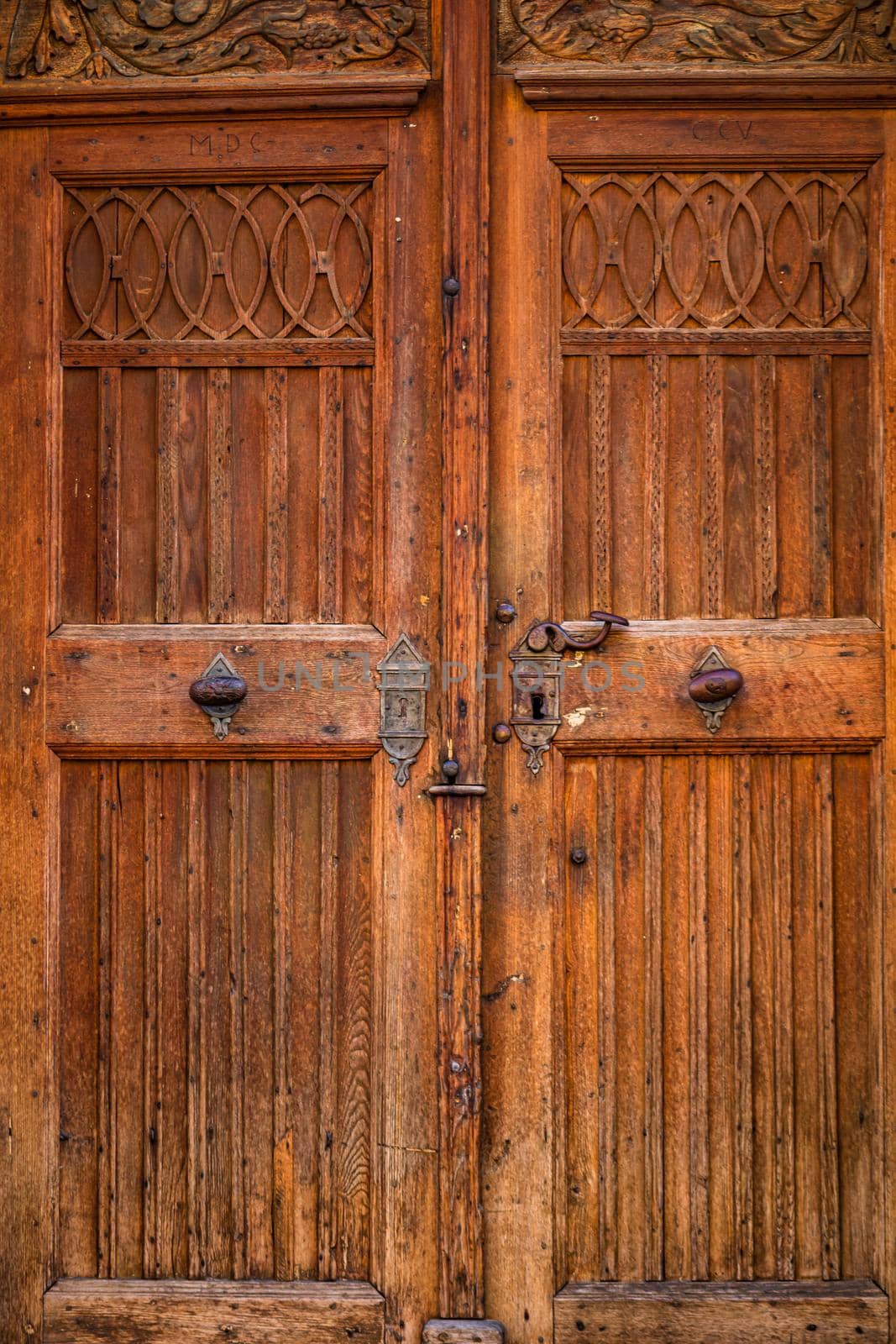 Close up, details of an old wooden brown door.
