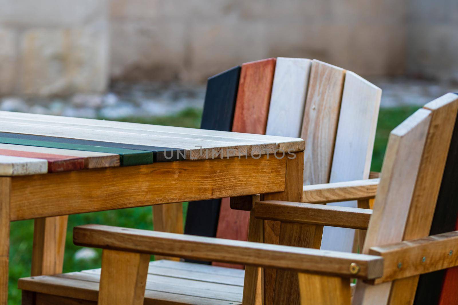 Close up of an empty table with empty chairs at a local outdoor resturant. Alba Iulia, Romania, 2021