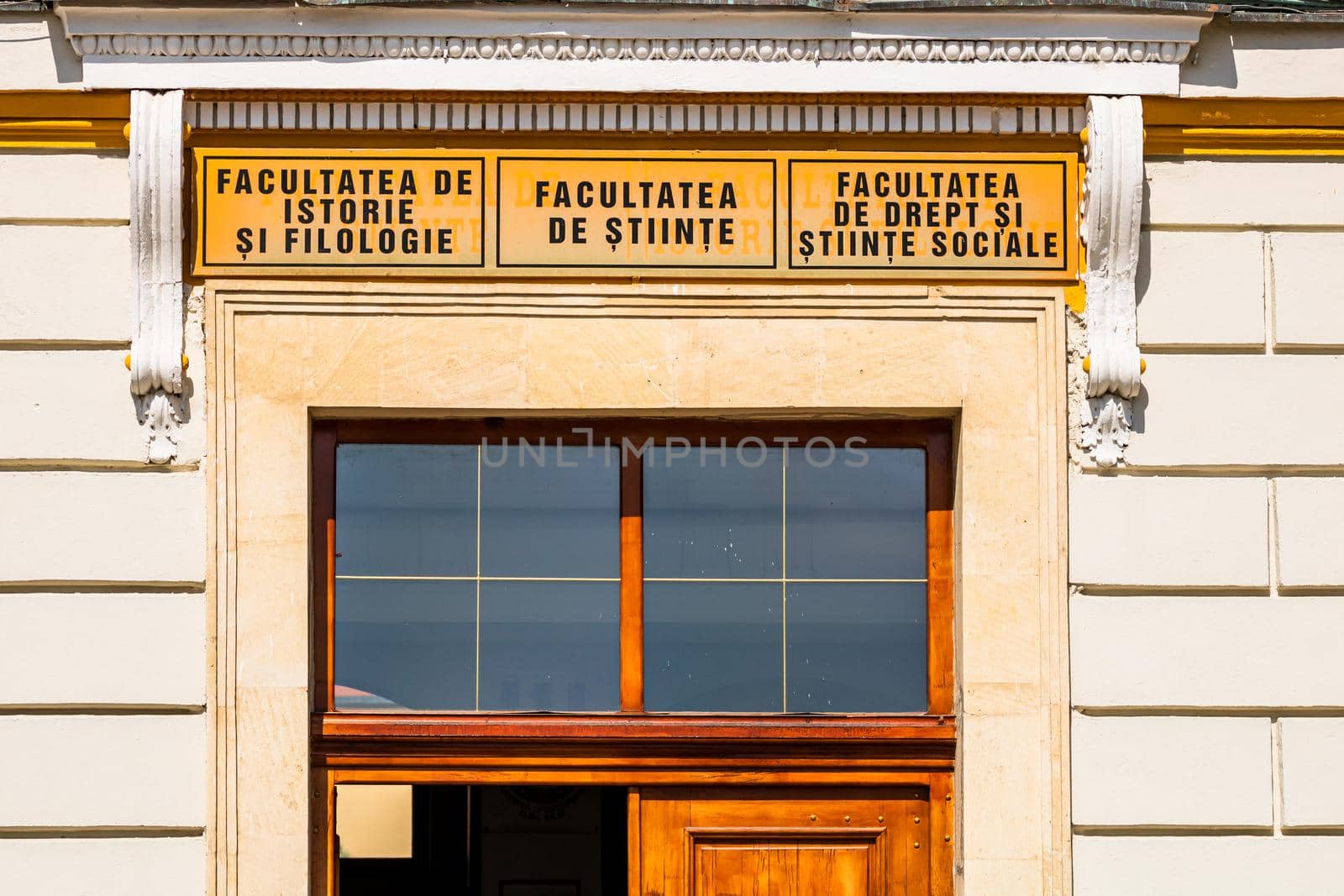 Architectural details, facade of the building of the 1 Decembrie 1918 University, Alba Iulia, Romania, 2021