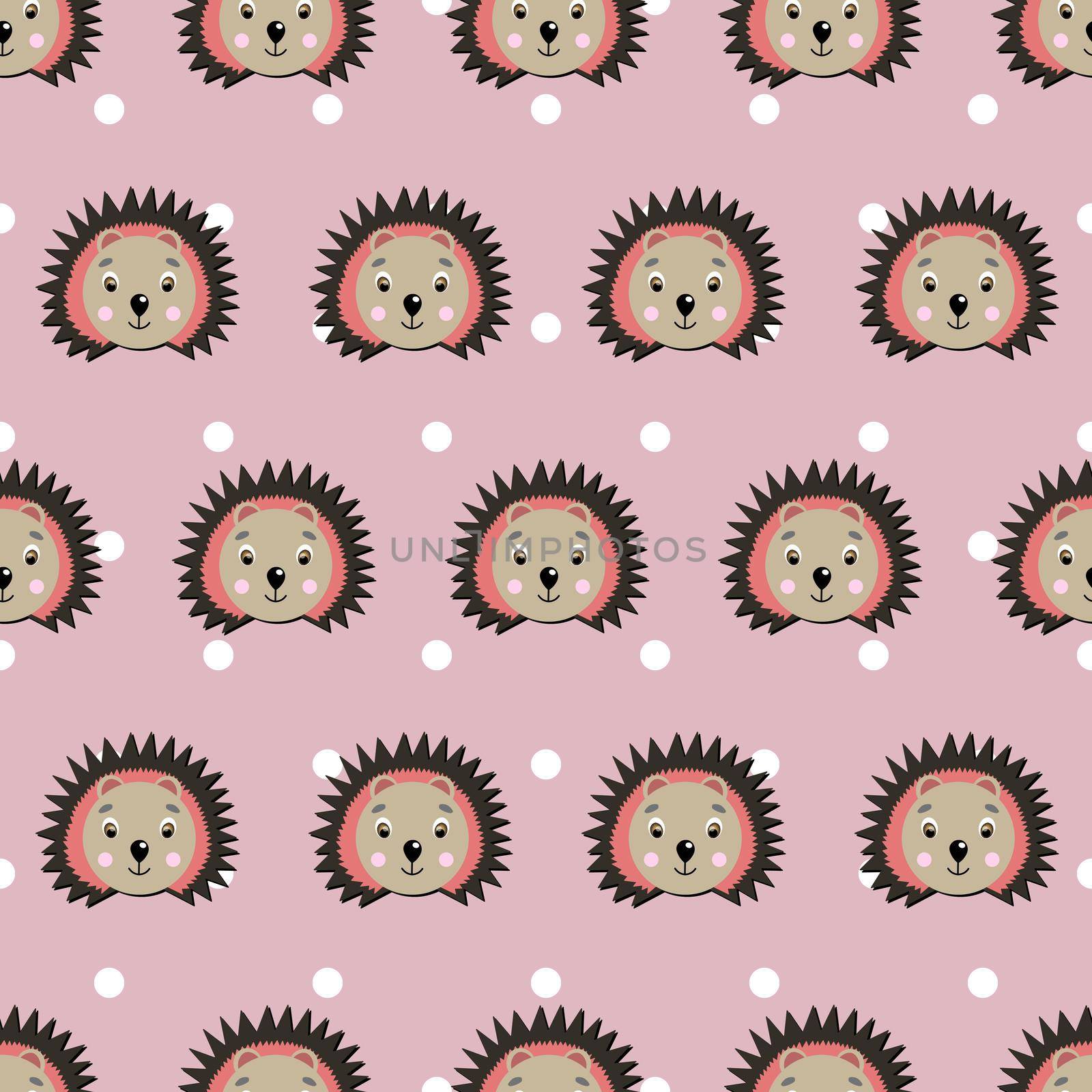 Vector flat animals colorful illustration for kids. Seamless pattern with cute hedgehog face on pink polka dots background. Adorable cartoon character. Design for card, poster, fabric, textile. by allaku