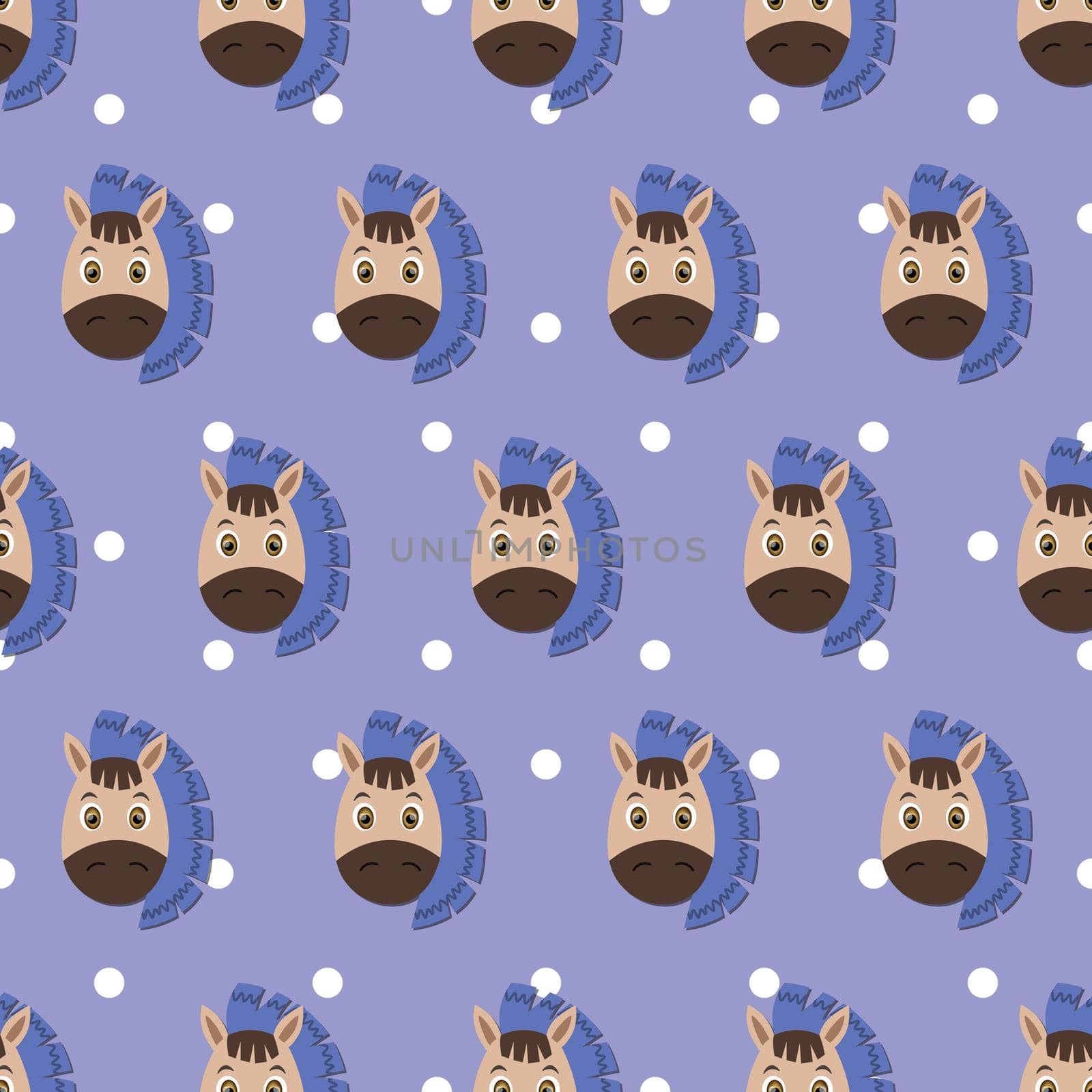 Vector flat animals colorful illustration for kids. Seamless pattern with cute horse face on purple polka dots background. Adorable cartoon character. Design for textures, card, poster, fabric,textile