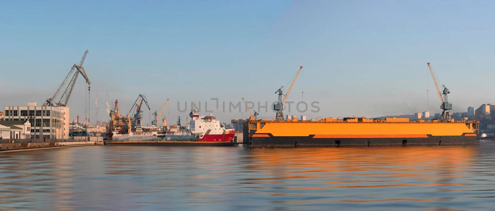 Vladivostok, Russia. Panorama of the city landscape with views of the sea dock and ships.