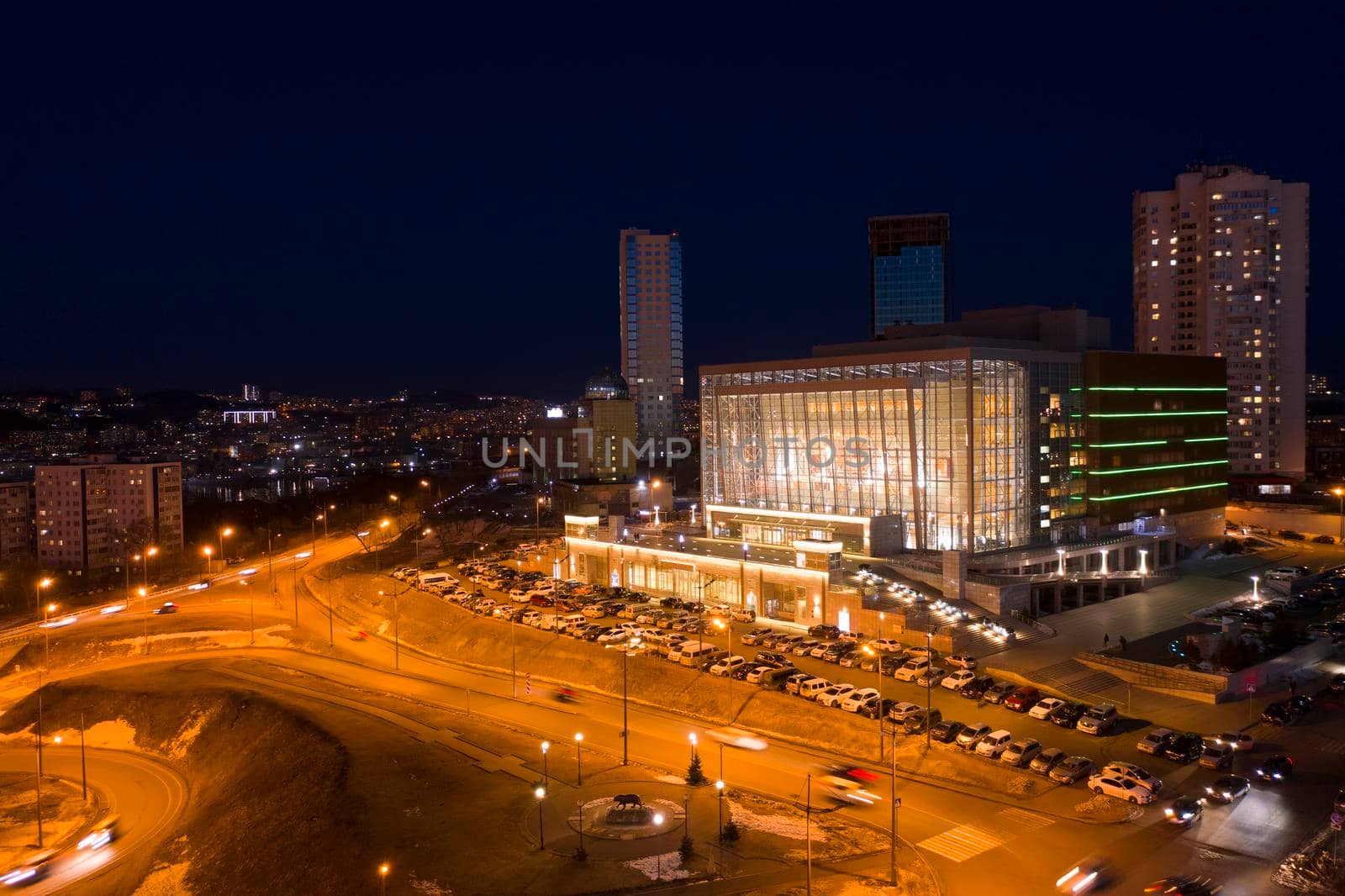 Aerial view of the night landscape with. Vladivostok, Russia