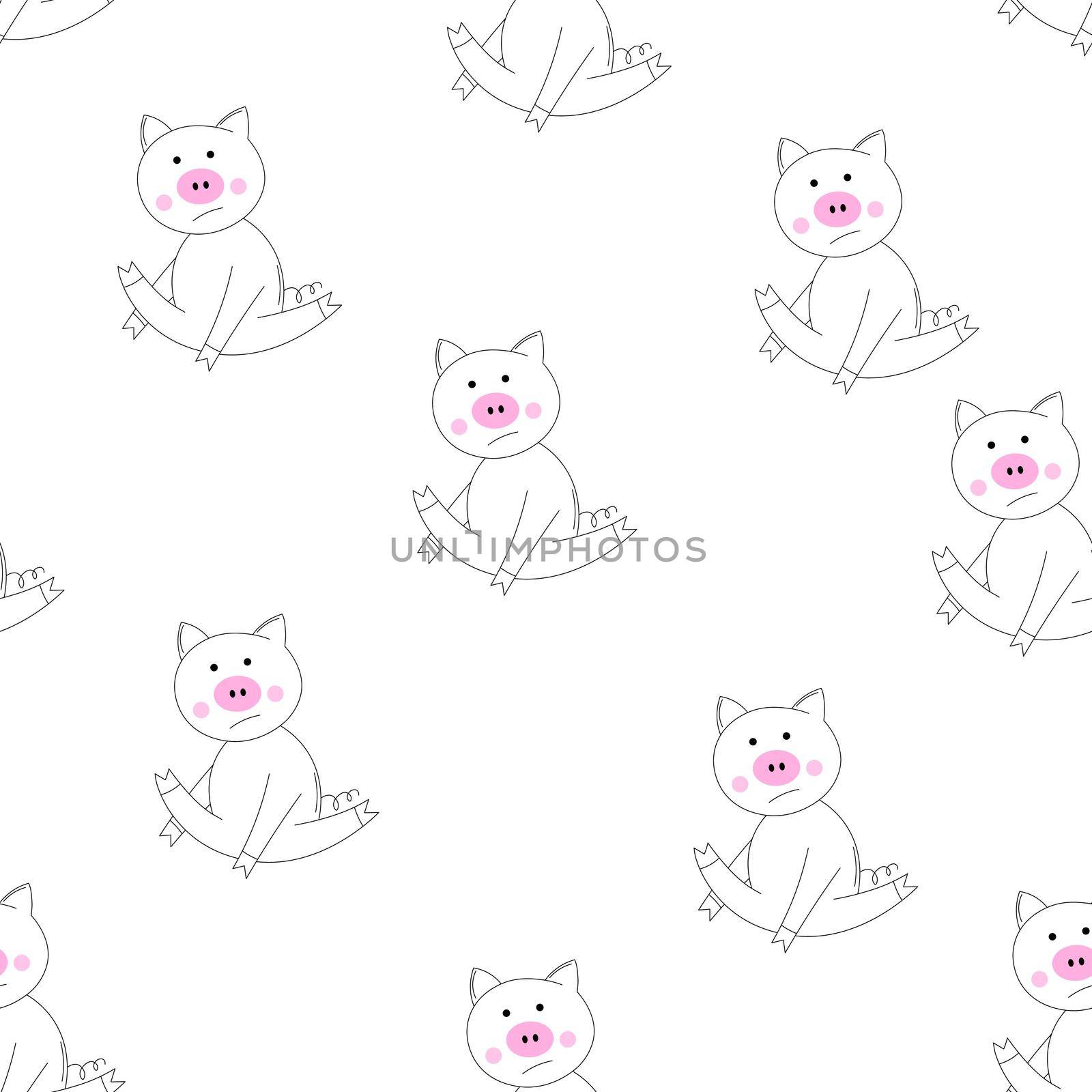 Outline vector animals seamless pattern. The piglet does exercises, goes in for sports. Cute pig on white background. Cartoon adorable character. Design for textures, card, poster, fabric, textile. by allaku