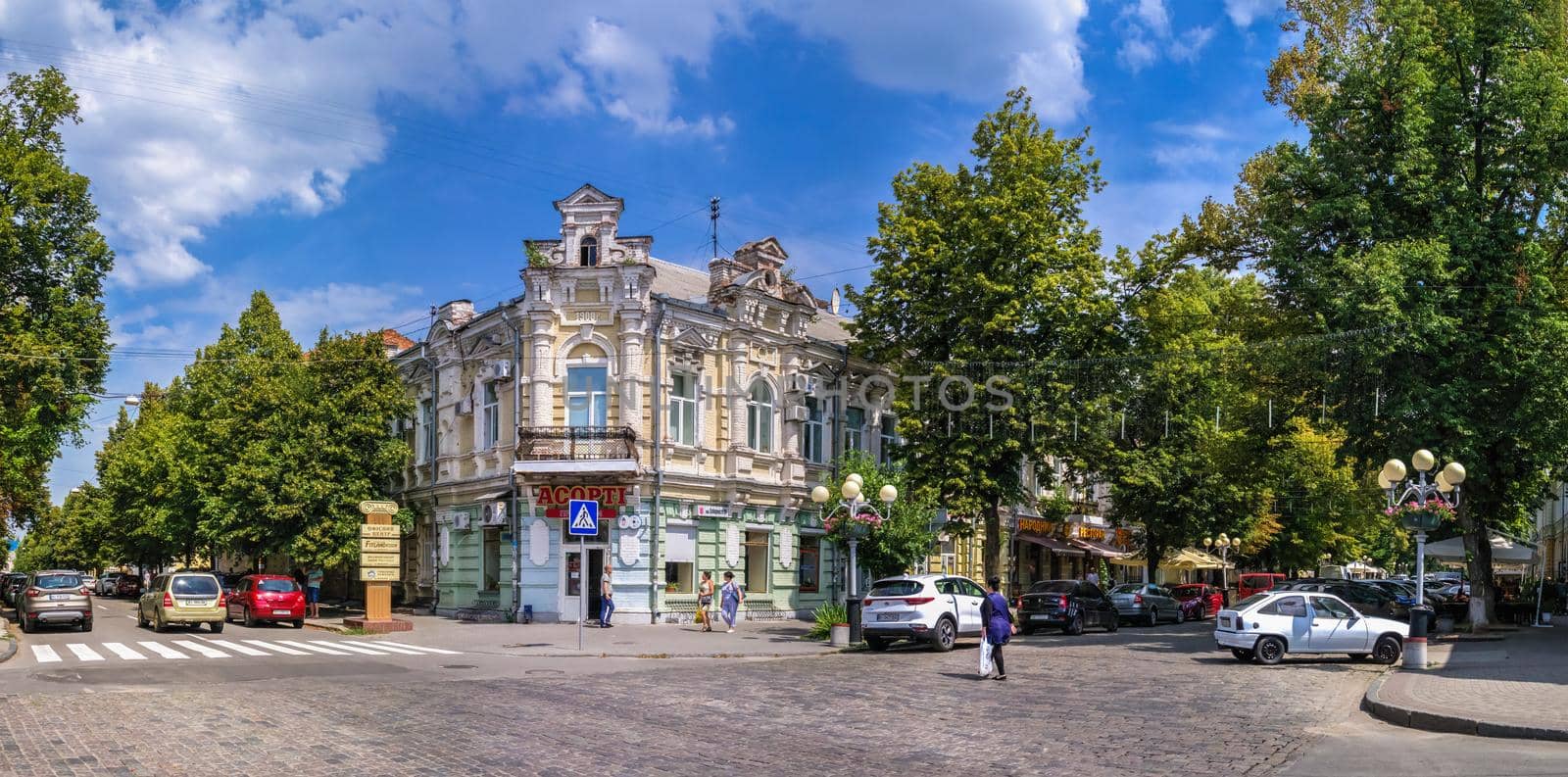 Poltava, Ukraine 07.13.2020. Historical buildings on the main pedestrian street of Poltava, Ukraine, on a sunny summer day