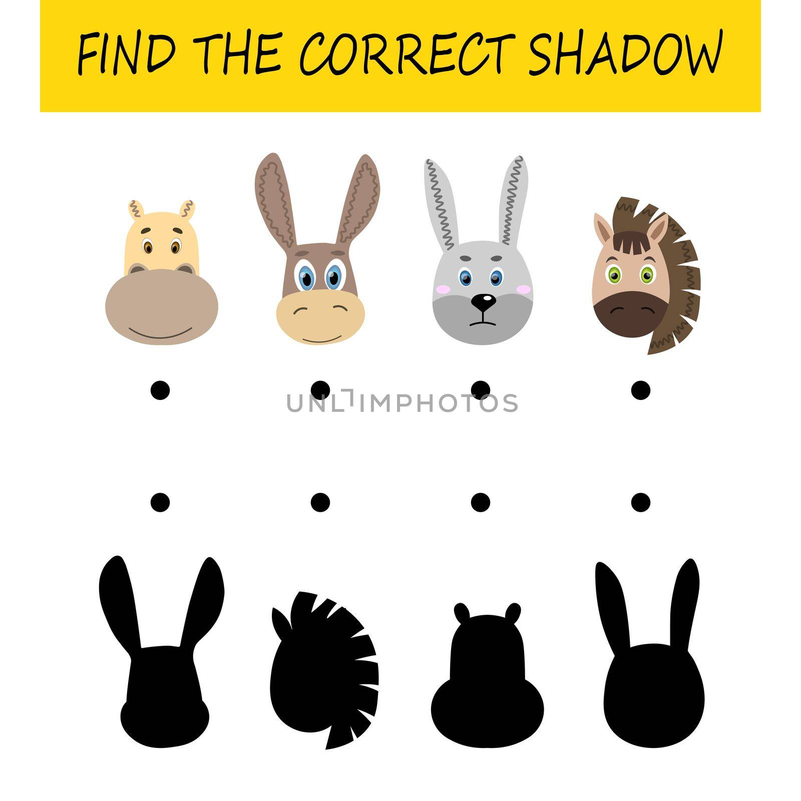 Find the correct shadow. Educational card for children. Cute animals. Logic game for kids. Home education. Colorful cartoon vector illustration. by allaku