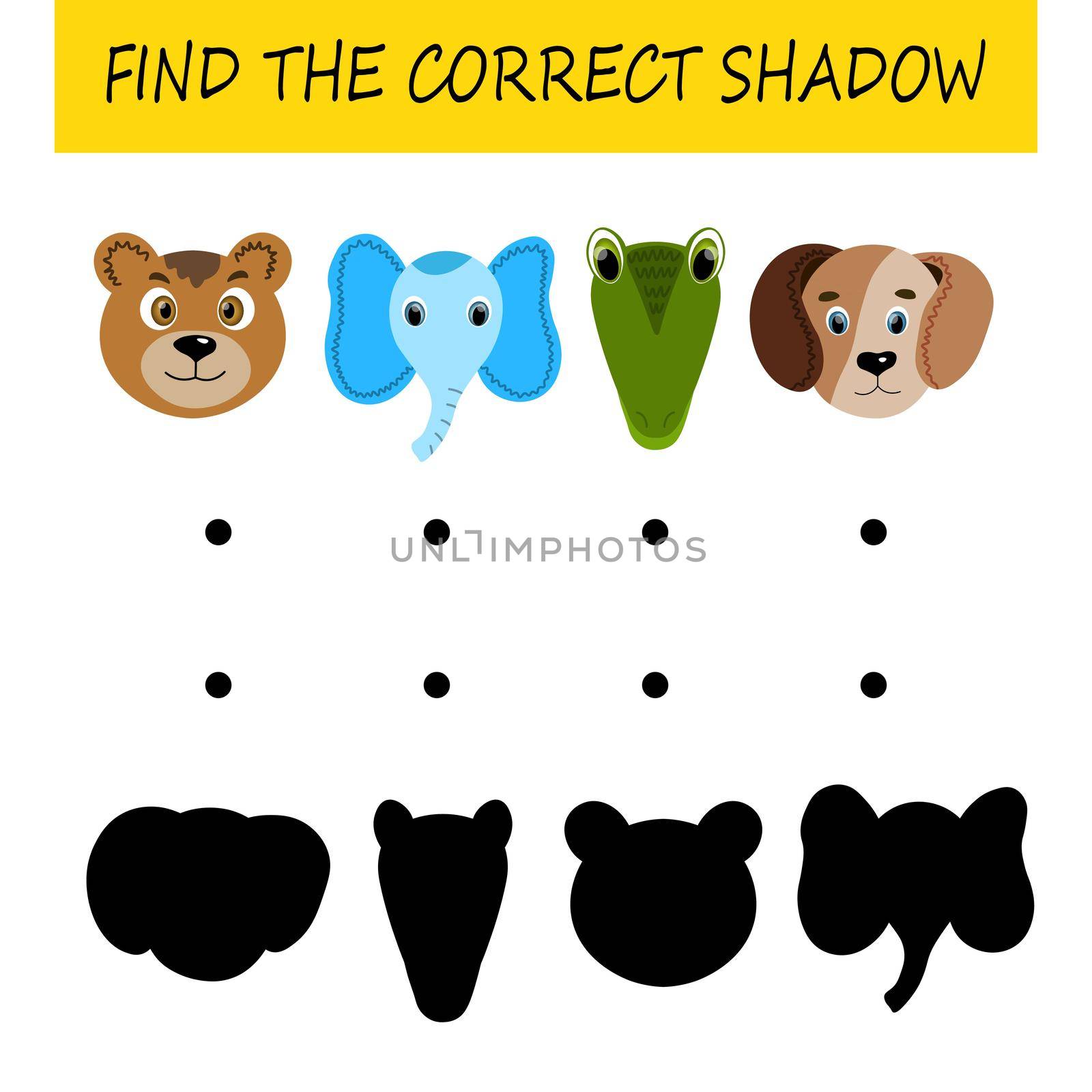 Find the correct shadow. Educational card for children. Cute animals. Logic game for kids. Home education. Colorful cartoon vector illustration. by allaku