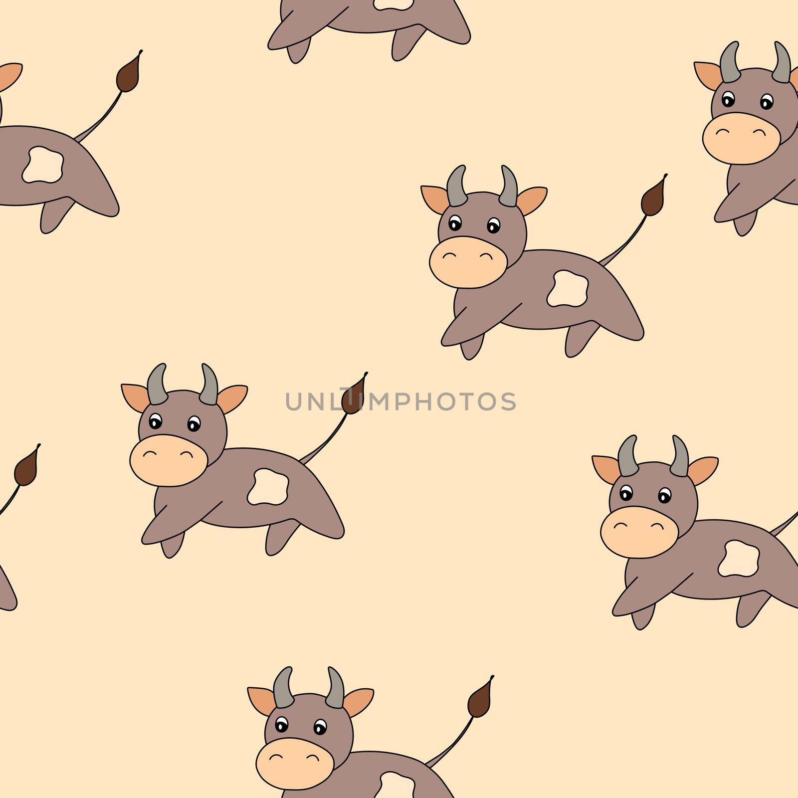 Vector flat animals colorful illustration for kids. Seamless pattern with cute bull on beige background. Cartoon adorable character. Design for textures, card, poster, fabric, textile. Cute cow. by allaku