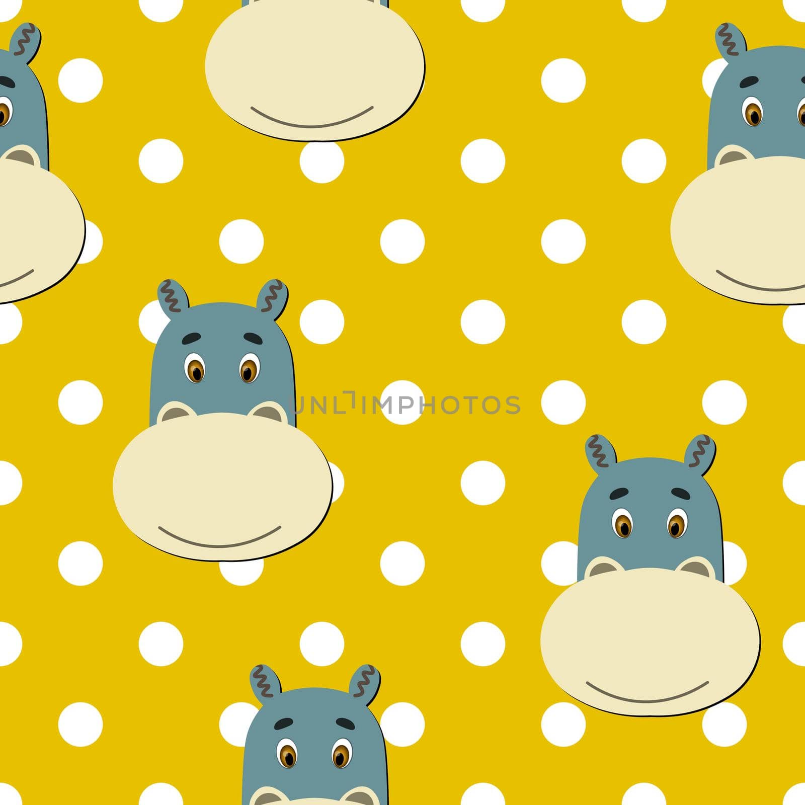 Vector flat animals colorful illustration for kids. Seamless pattern with cute hippopotamus face on yellow polka dots background. Adorable cartoon character. Design for card, poster, fabric, textile. by allaku