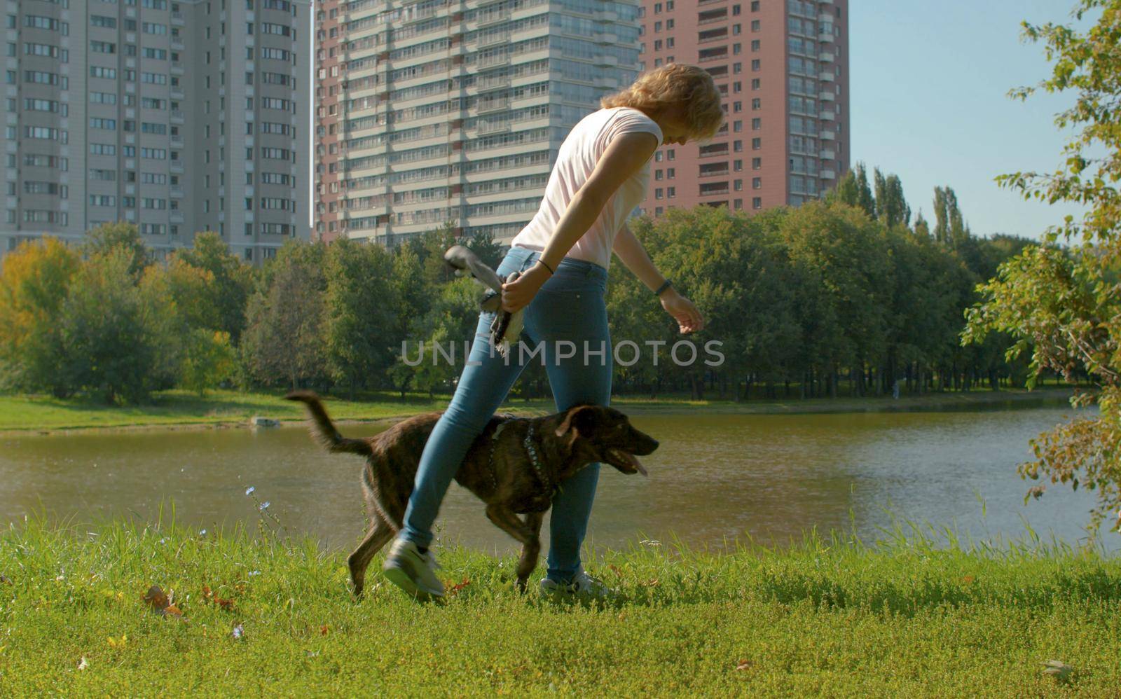 Young dogs trainer with a dog in a park near the lake at summer. Then they doing exercise snake