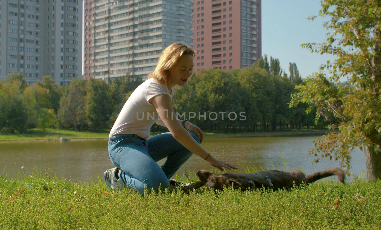 Young attractive lady with her dog in the park at summer. Woman playing with the dog. Dog lying on the grass and having fun