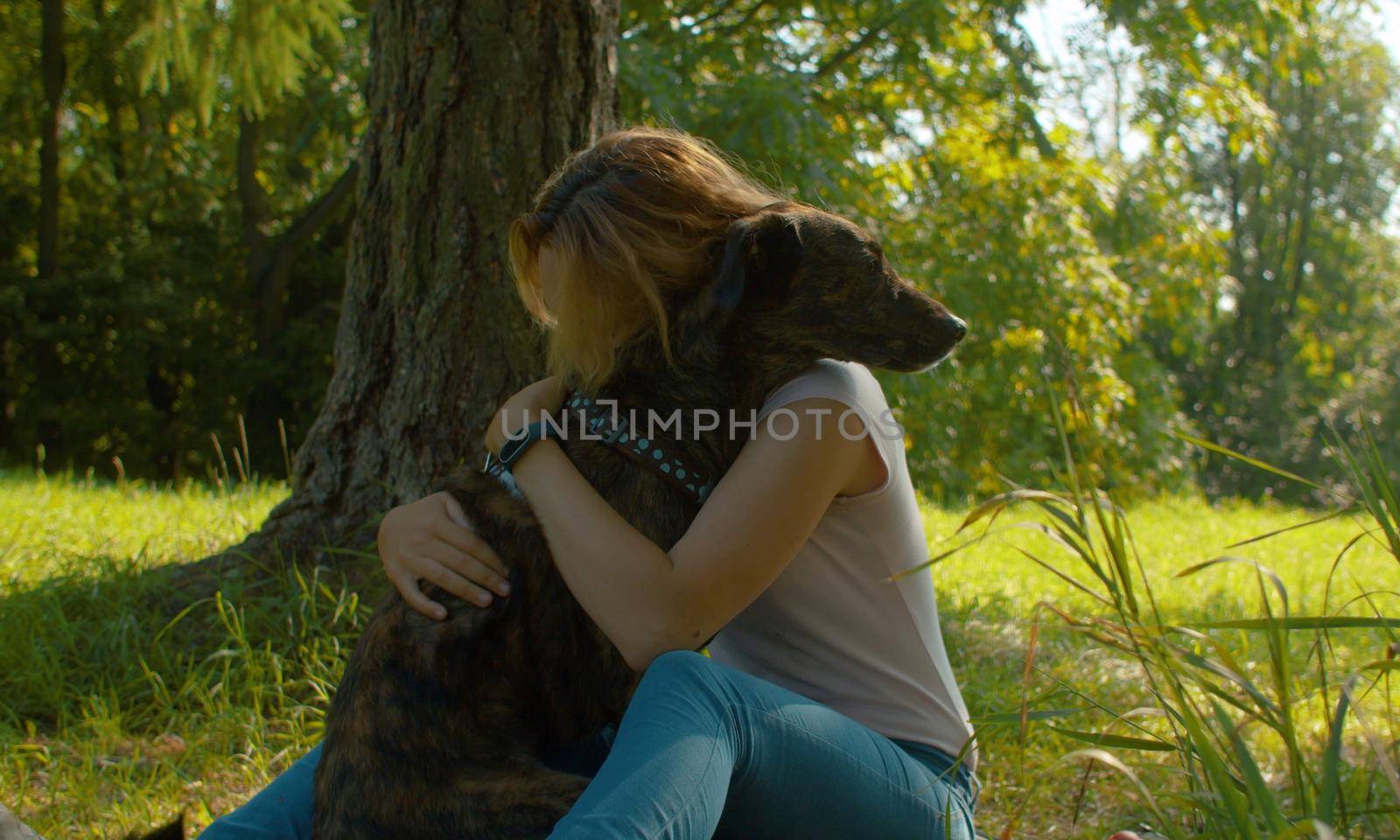 Attractive woman hugging her nice dog. Young attractive lady and her dog on the stroll in the park.