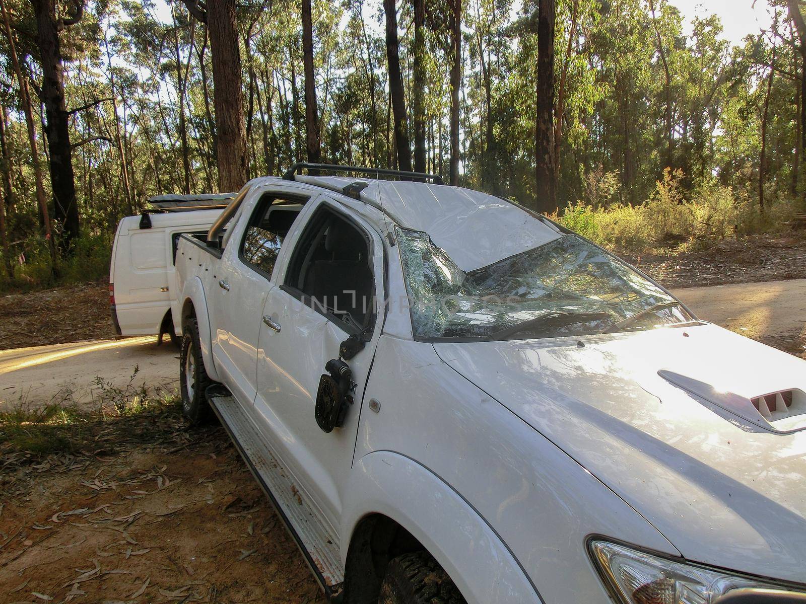 car crash accident in a forrest, damaged automobiles after collision in forrest, australia