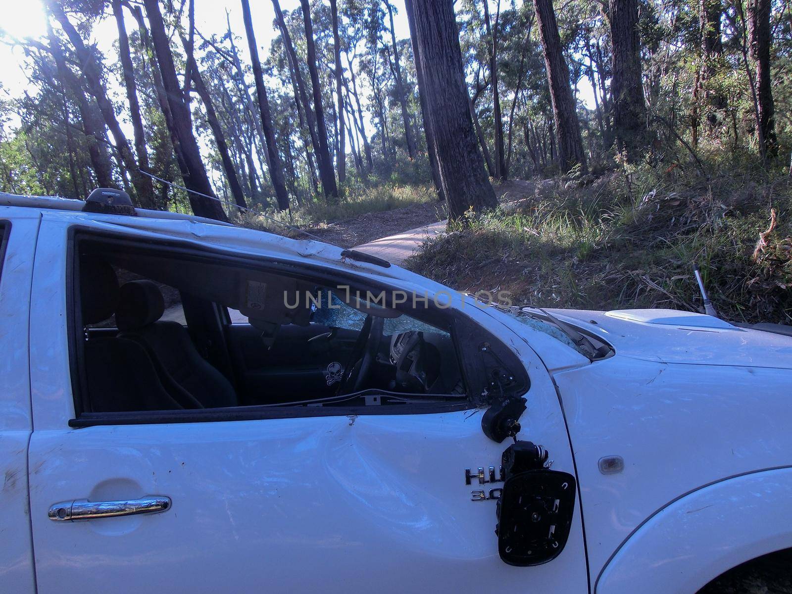 pickup crash accident in a forrest, damaged automobiles after collision in forrest, australia