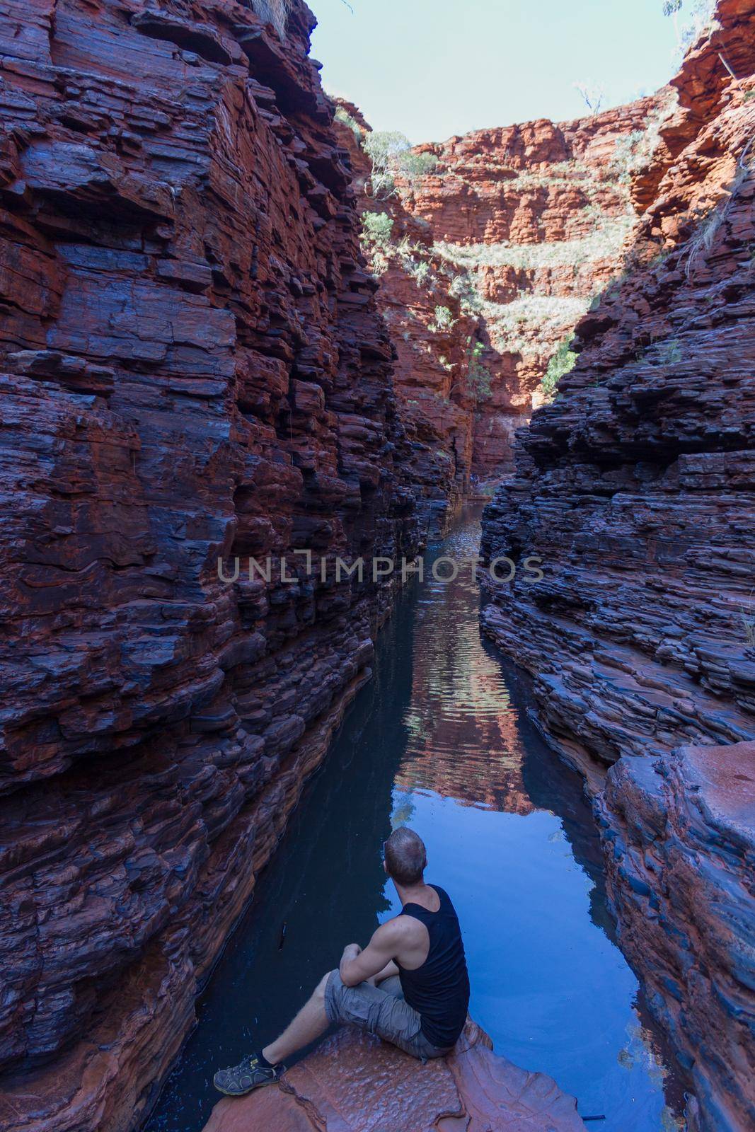 young man enjoying the view of the Handrail Pool, Weano Gorge, Karijini National Park, Western Australia by bettercallcurry