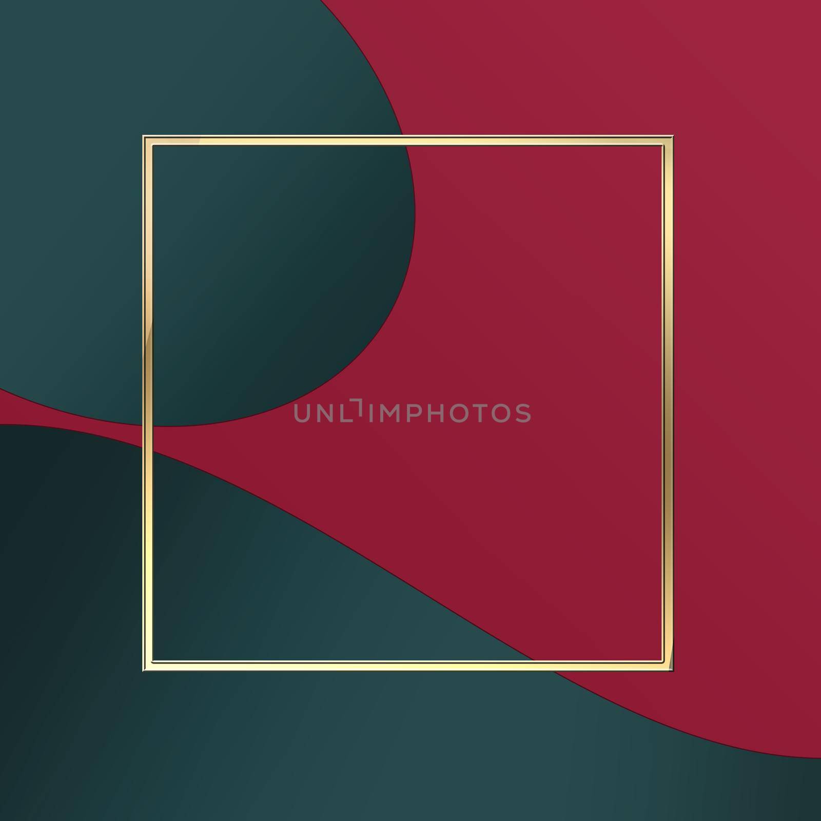 Curled corners of paper, gold frame for mock up. Green red abstract creative background, modern trendy mock up, 3D render