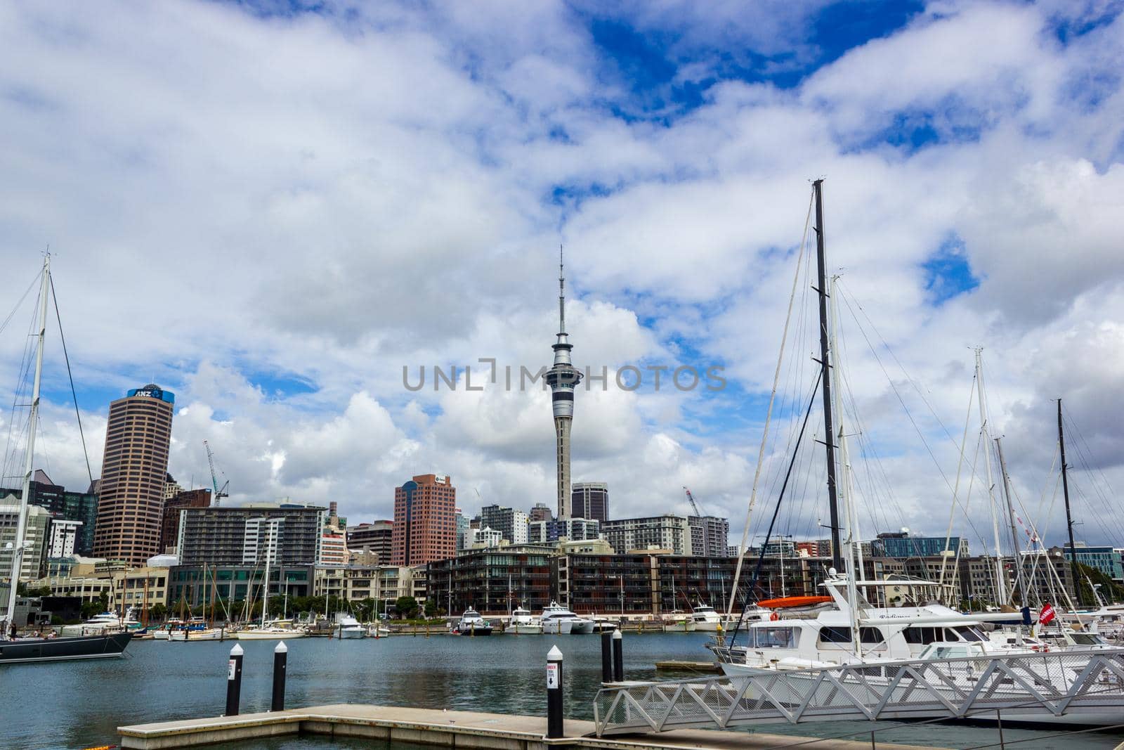 Auckland Harbor and Sky tower, the landmark in NZ.