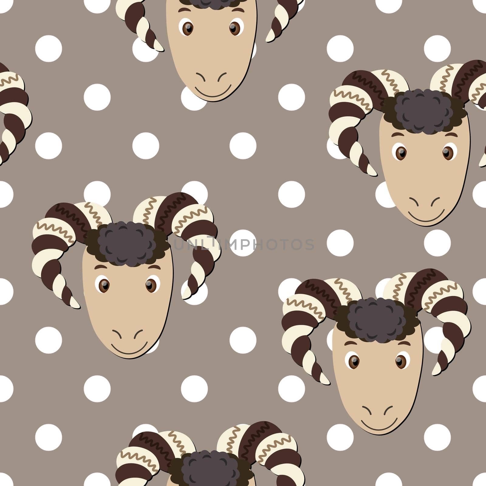 Vector flat animals colorful illustration for kids. Seamless pattern with ram face on beige polka dots background. Cute sheep. Adorable cartoon character. Design for textures, card, fabric, textile.