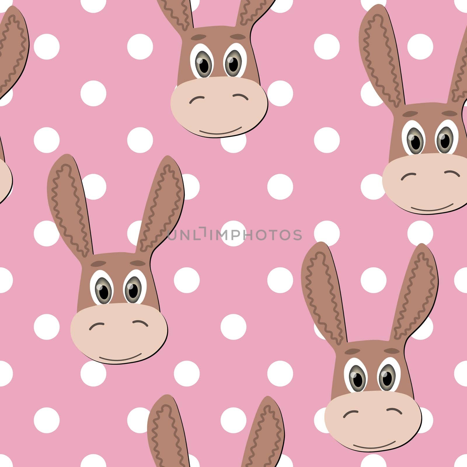 Vector flat animals colorful illustration for kids. Seamless pattern with cute donkey face on pink polka dots background. Cartoon adorable character. Design for textures, card, poster, fabric,textile. by allaku