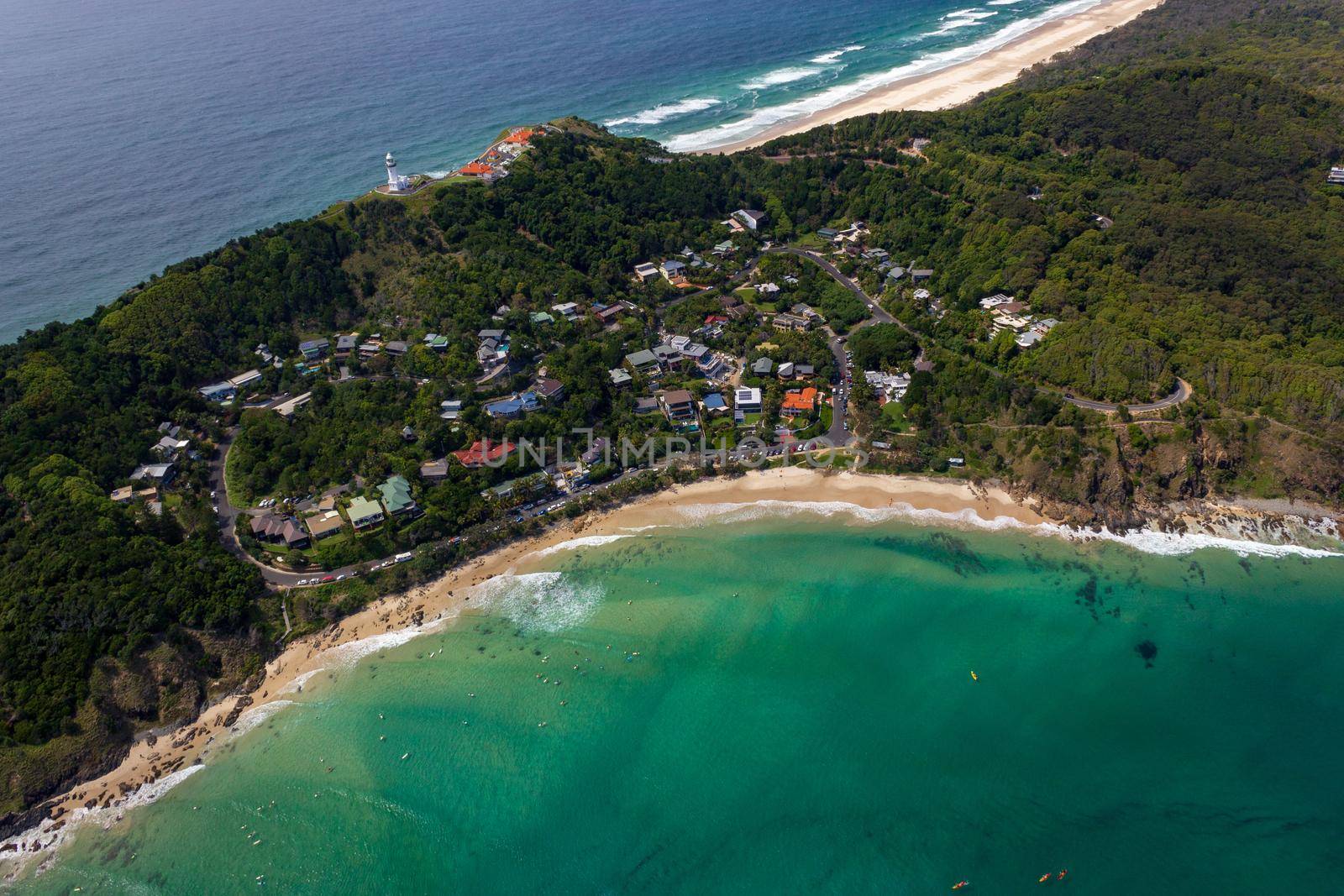 Wategoes Beach aerial view at Byron Bay with lighthouse