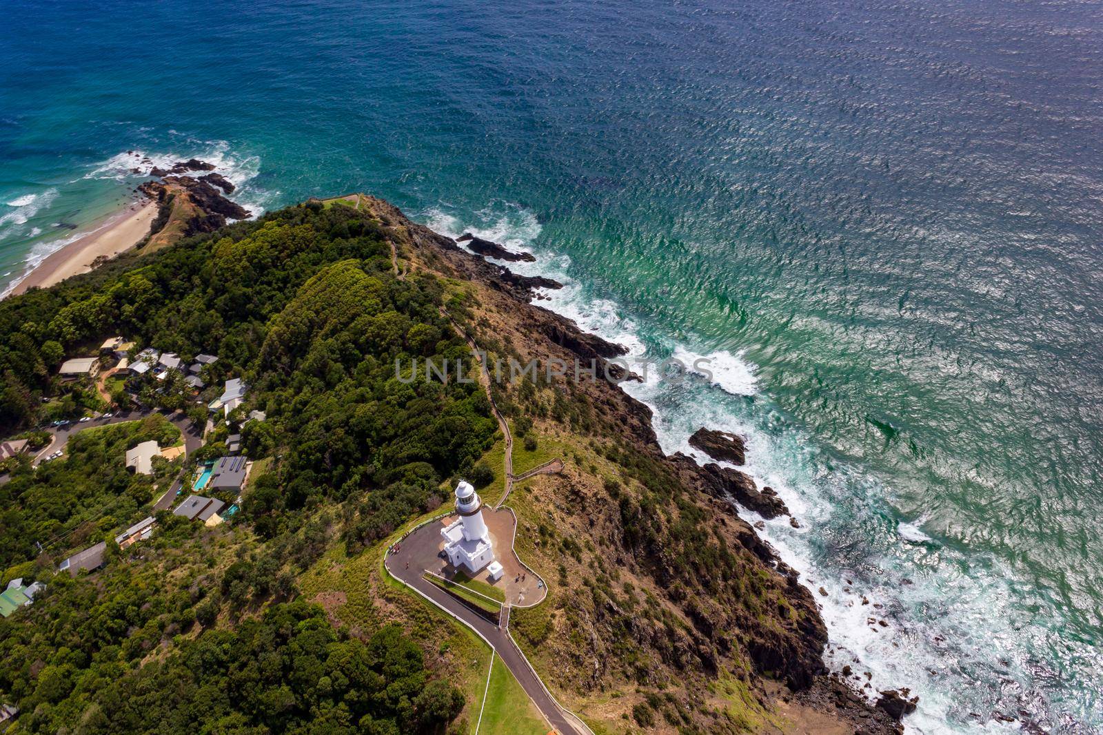 Wategoes Beach aerial view at Byron Bay with lighthouse