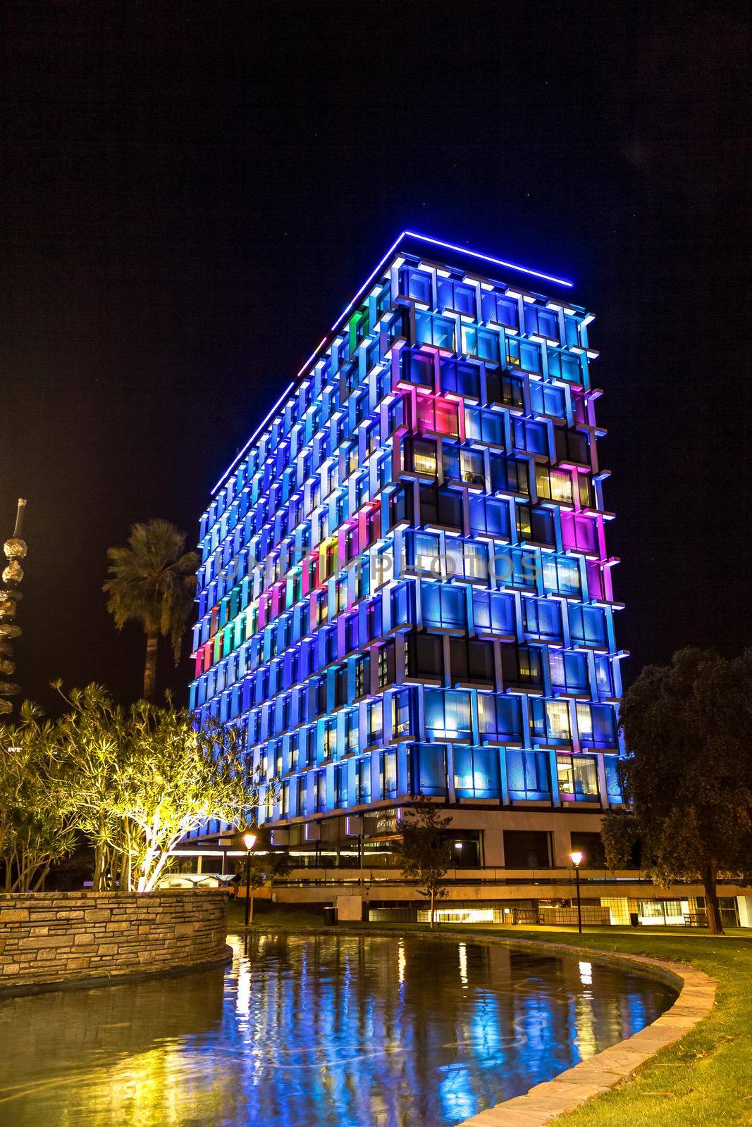 Perth, Aaustralia - March 19 : Colorful lighting on building for show people in night time at Hay street mall by bettercallcurry