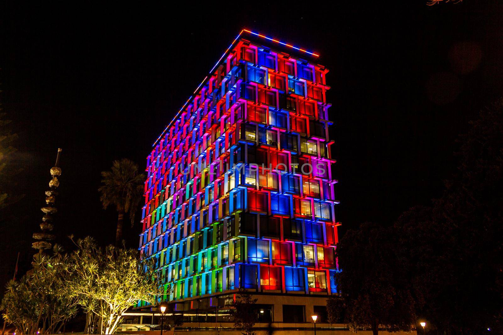 Perth, Aaustralia - March 19 : Colorful lighting on building for show people in night time at Hay street mall by bettercallcurry