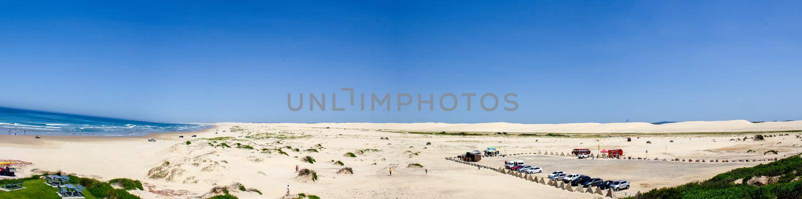 Aerial panorama of Stockton beach at midday. Anna Bay, New South Wales, Australia by bettercallcurry