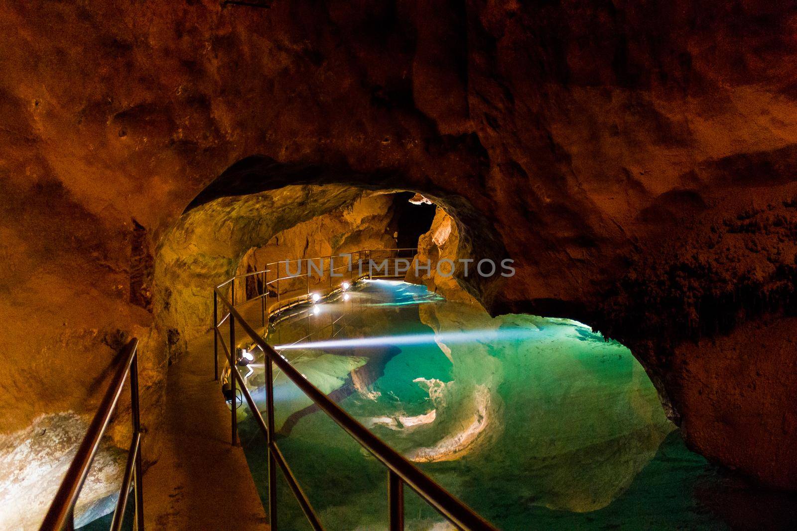 A water pool in River Cave at the Jenolan Caves at the Blue Mountains of New South Wales, Australia.