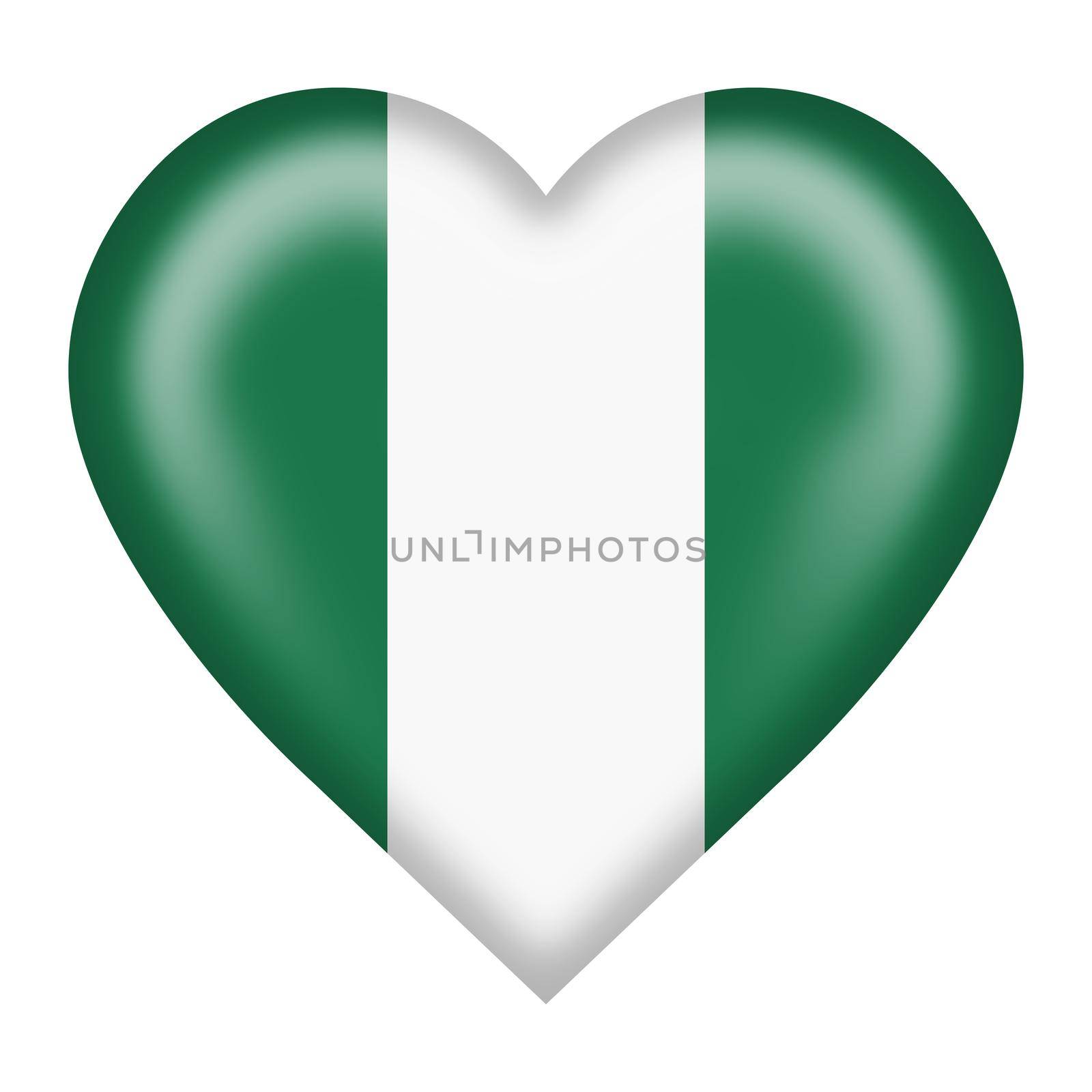A Nigeria flag heart button isolated on white with clipping path 3d illustration
