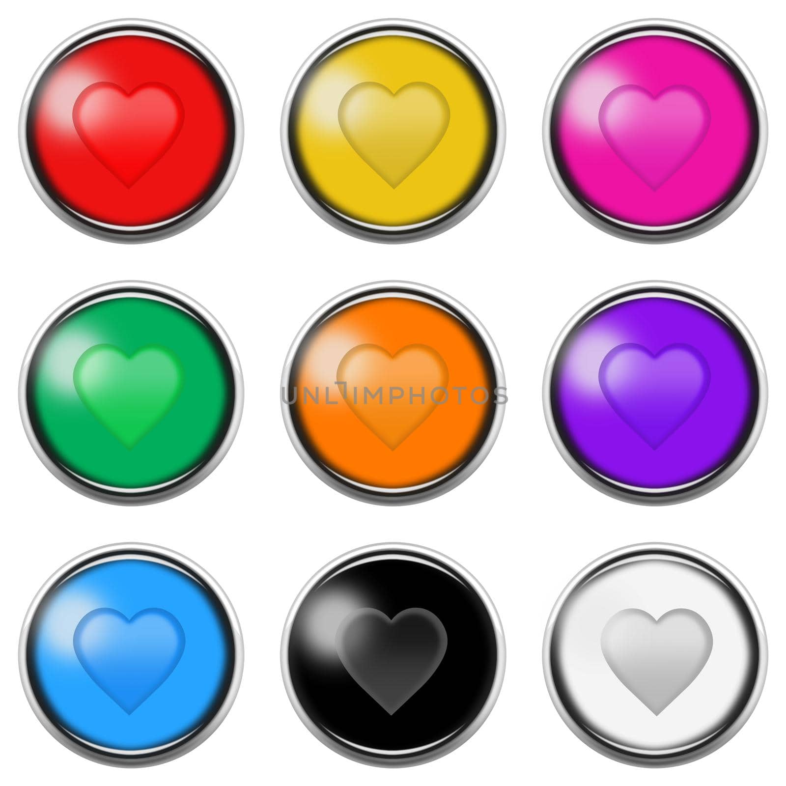 A heart sign button icon set isolated on white with clipping path 3d illustration