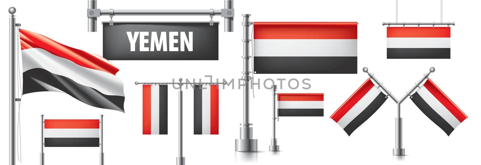 Vector set of the national flag of Yemen in various creative designs by butenkow