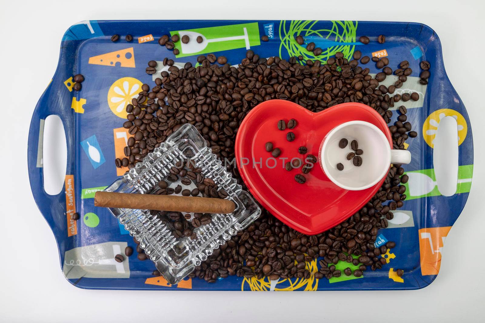 tray with coffee grains, heart shaped cup and saucer and ashtray with cigar
