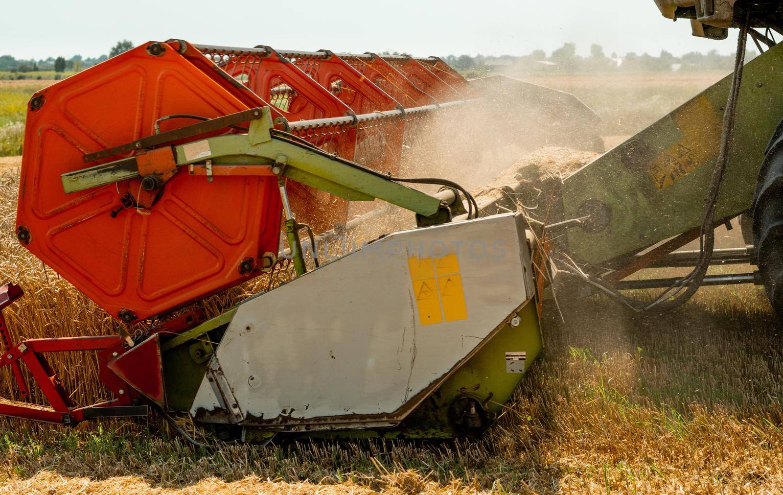 Platform grain header with thresher reel, cutter bar reaping cereal ears. Rotary straw walker combine harvester cuts and threshes ripe wheat grain. Gathering crop by agricultural machinery on field