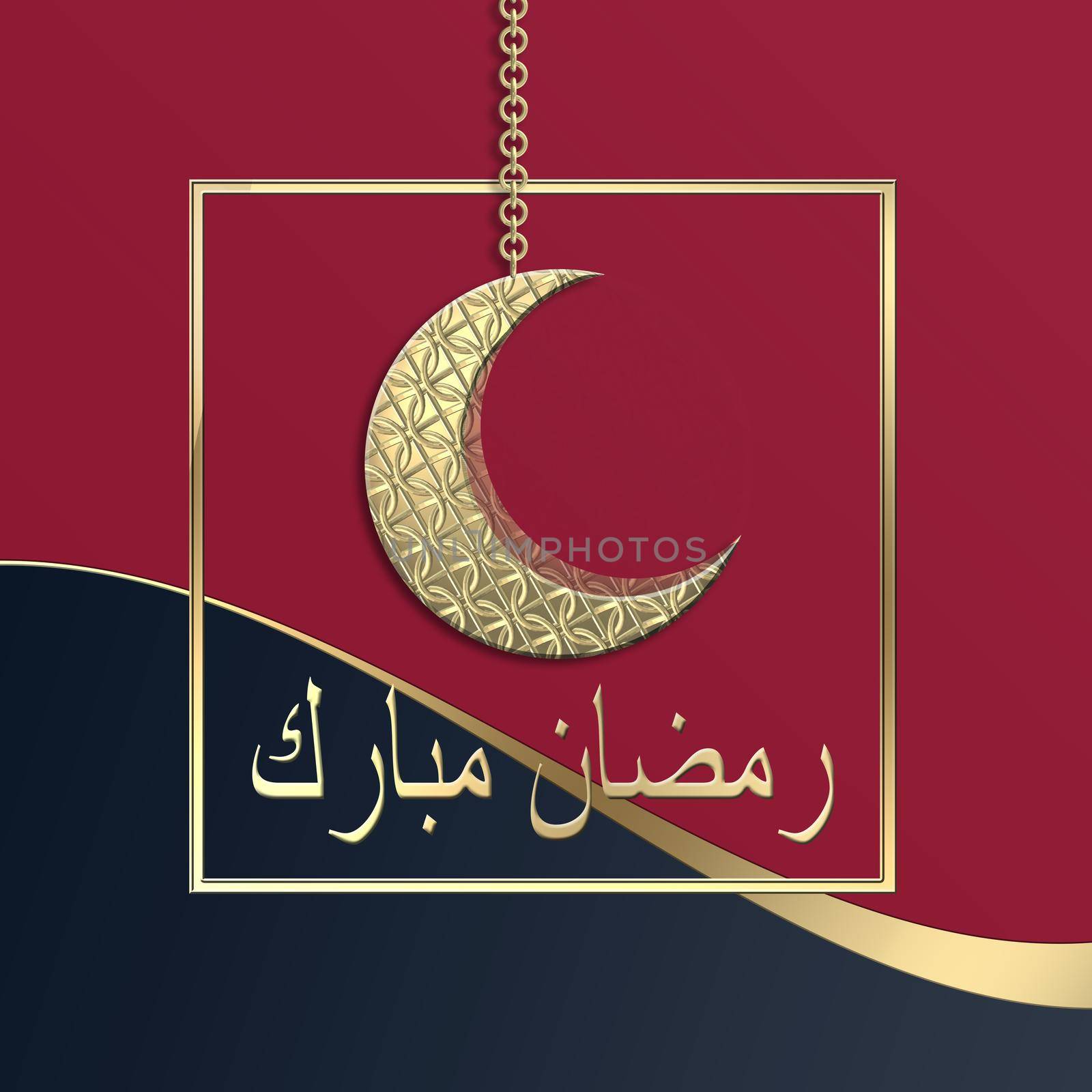 Crescent moon background for Ramadan celebration card. Ramadan greeting cards. Arabic text translation Happy Ramadan. 3d render